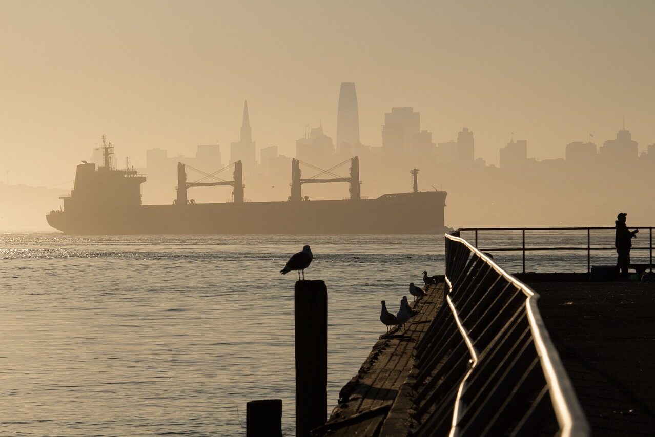 A sepia-toned view of downtown San Francisco seen from an East Bay pier shows the iconic skyline in the distance, downtown towers obscured by fog. In the foreground, a gull stands on a wooden post silhouetted against the gleaming Bay; other gulls perch on the walkway nearby, and a silhouetted person in a ball cap stands at the pier railing, looking to the right. Between the pier and the city across the bay, an empty container ship passes through the channel, heading south.